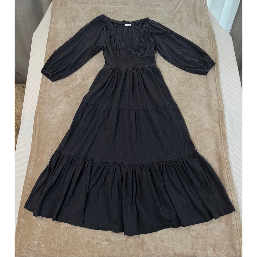 Marine Layer Cotton Slub Tiered Maxi Dress Womens XS Dark Gray Smocked 17304